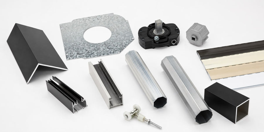 AHT hurricane shutter parts: angle extrusion, end plate, gear housing, idler cap, tracks, reel tube, square tube, slat sample and wheel carriage