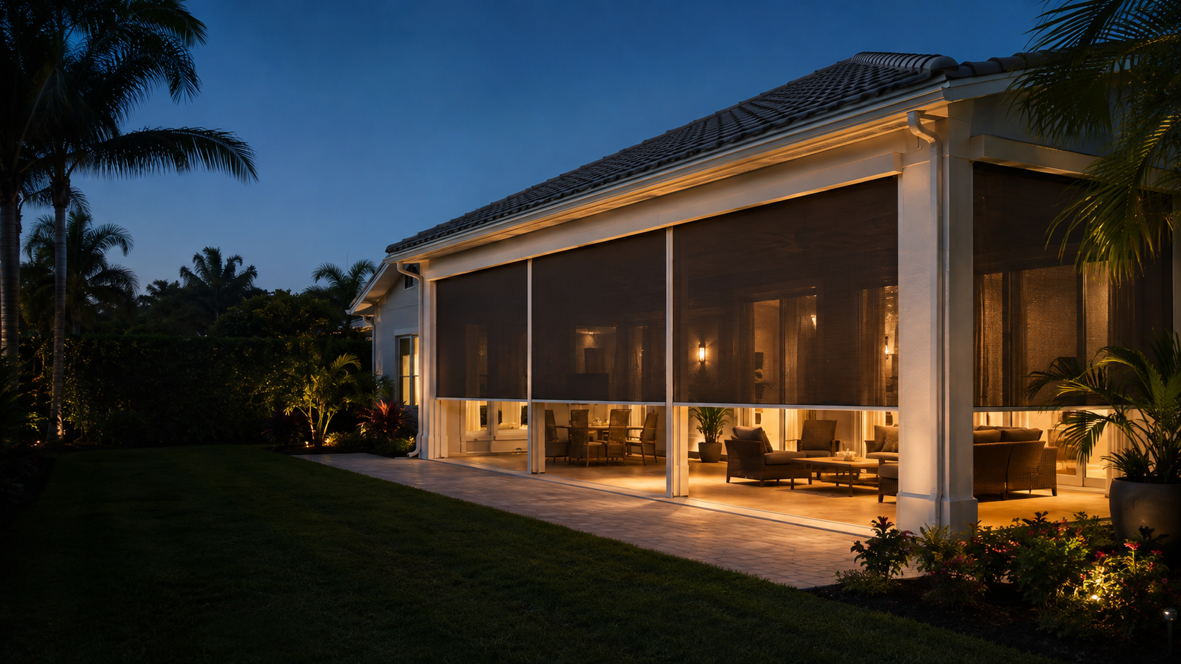 Motorized hurricane screens lowered across a Southwest Florida lanai at dusk