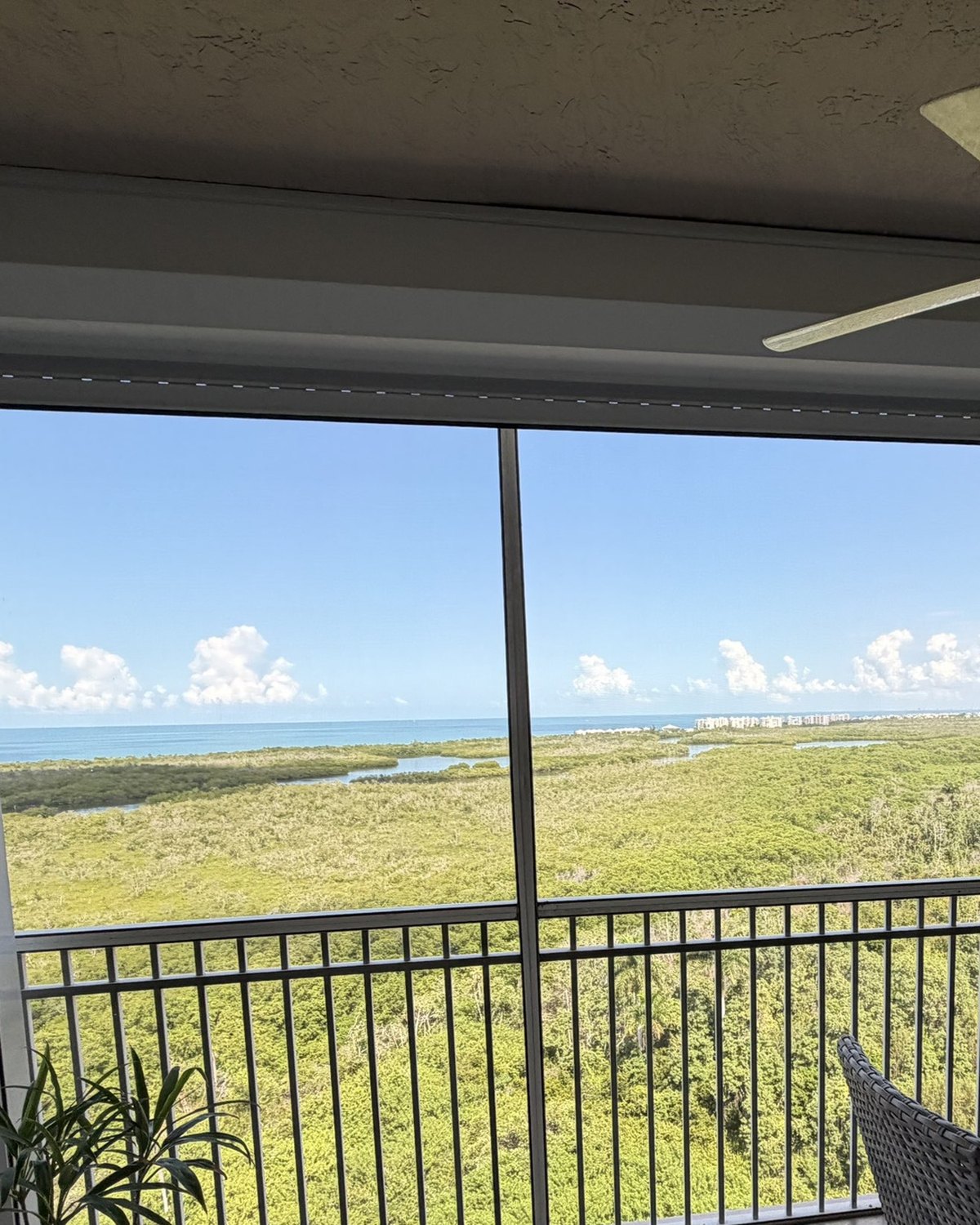 High lanai with the screens rolled up into the housing, looking out over mangroves toward the Gulf